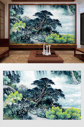 手绘中式山水国画风景背景墙图片
