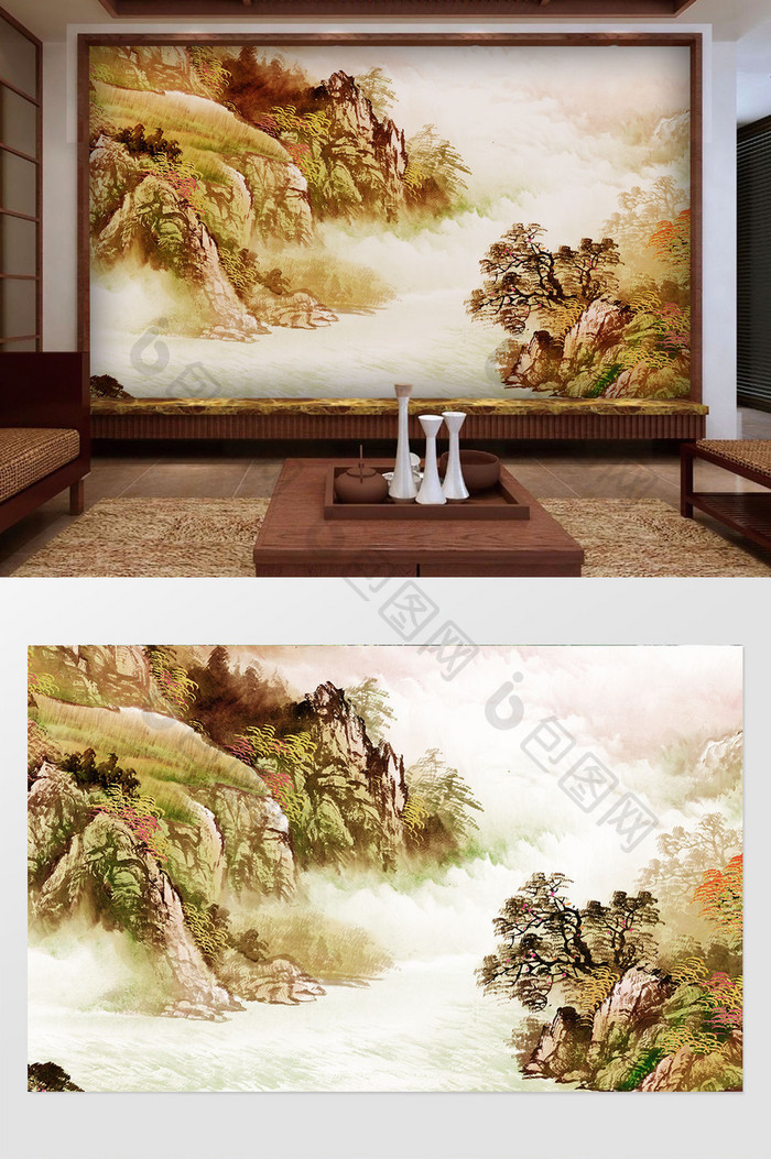 山水国画抽象艺术手绘背景墙