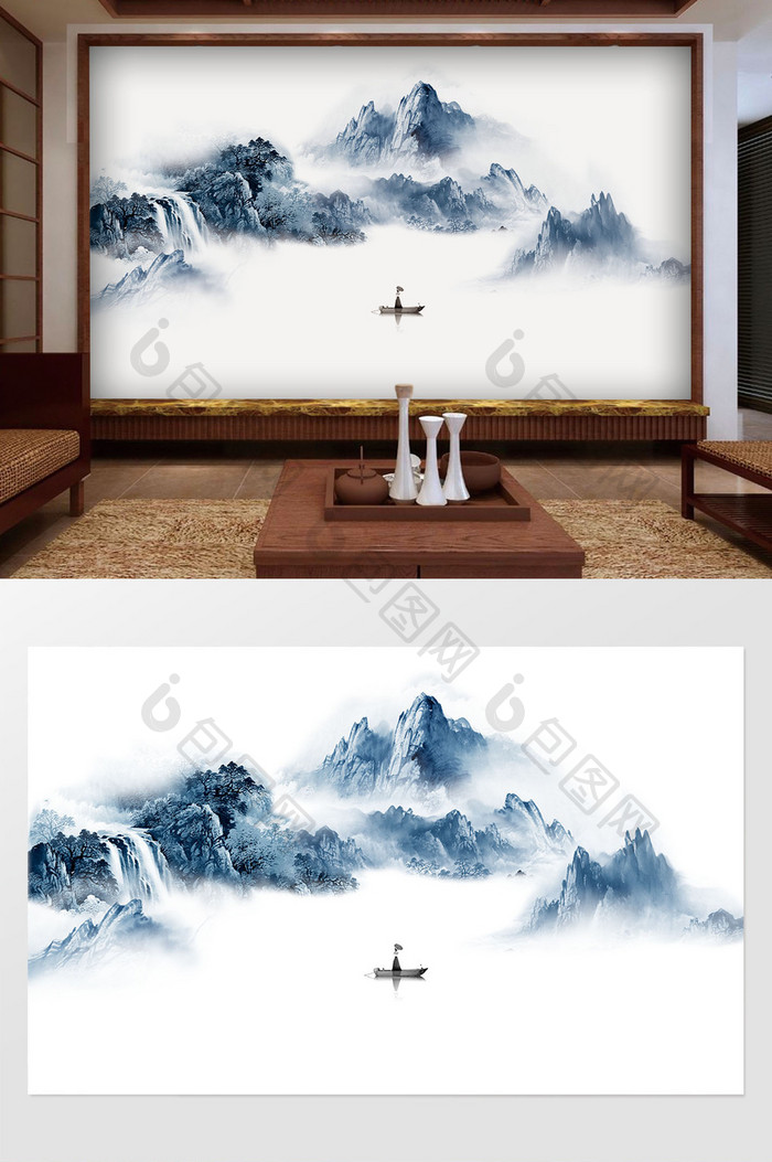 新中式山水手绘国画风景背景墙