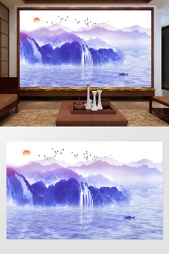 新中式意境唯美水墨山水风景客厅背景墙图片