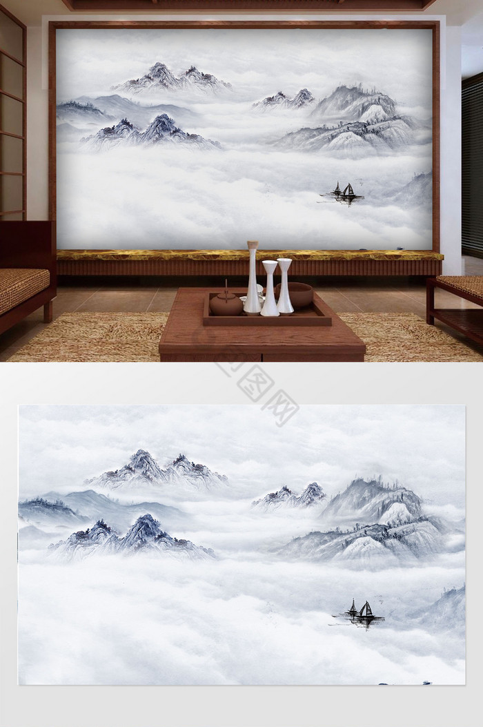 新中式手绘山水国画背景墙壁画图片