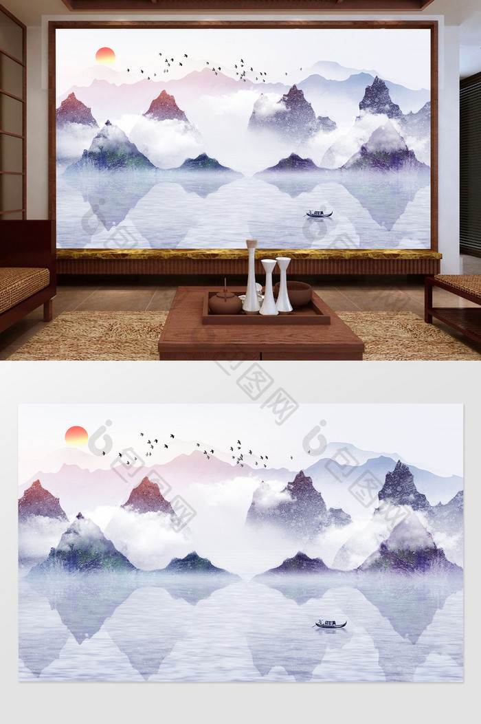 中国风唯美意境水墨山水风景客厅背景墙