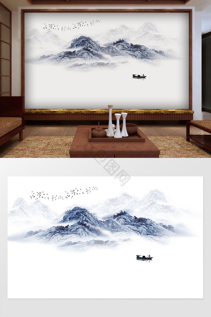 抽象手绘山水国画背景墙壁画图片