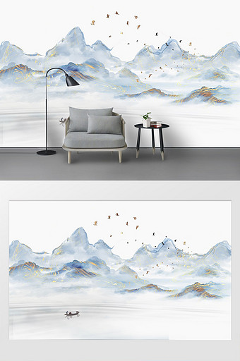 新中式鎏金烟丝飞鸟抽象山水背景墙图片