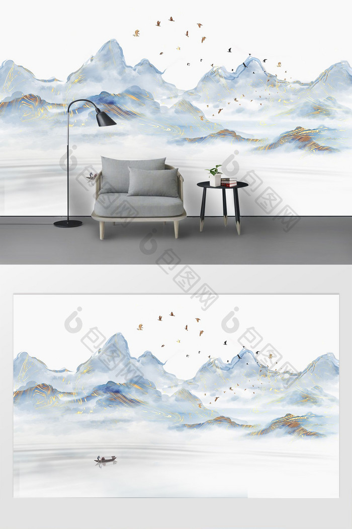新中式鎏金烟丝飞鸟抽象山水背景墙
