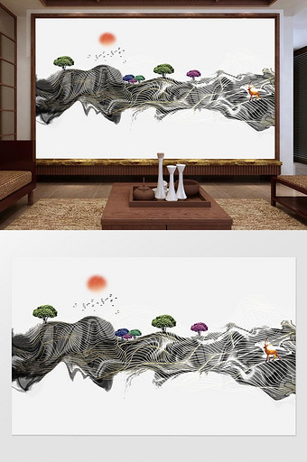 新中式水墨金丝抽象山水飞鸟背景墙图片
