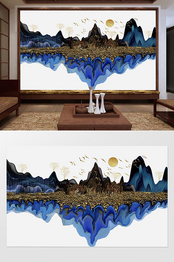 新中式鎏金扭曲抽象山水飞鸟太阳背景墙图片