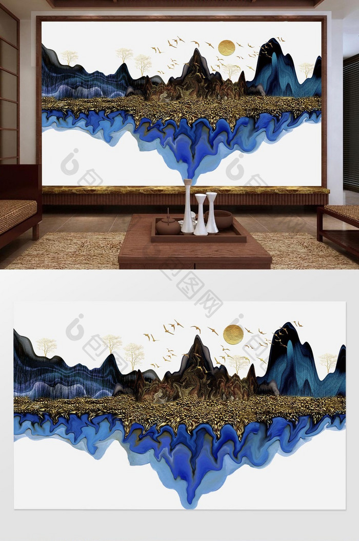 新中式鎏金扭曲抽象山水飞鸟太阳背景墙