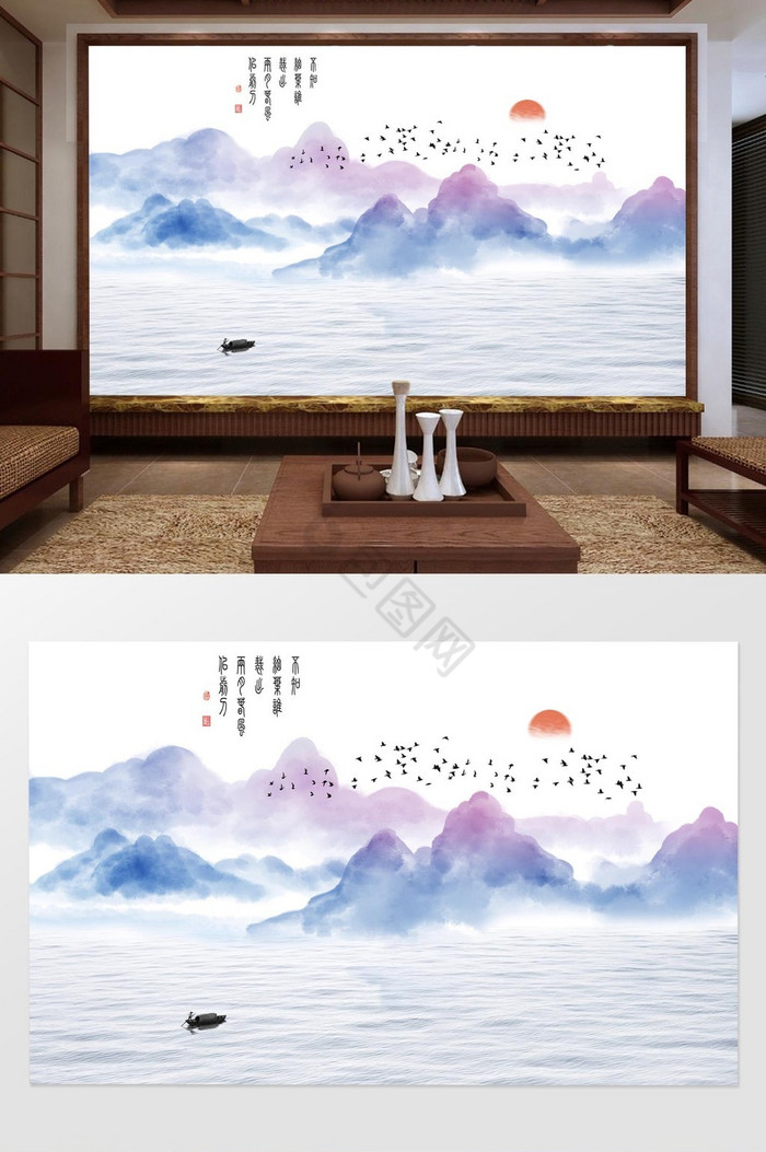新中式唯美推晕写意抽象山水背景墙图片