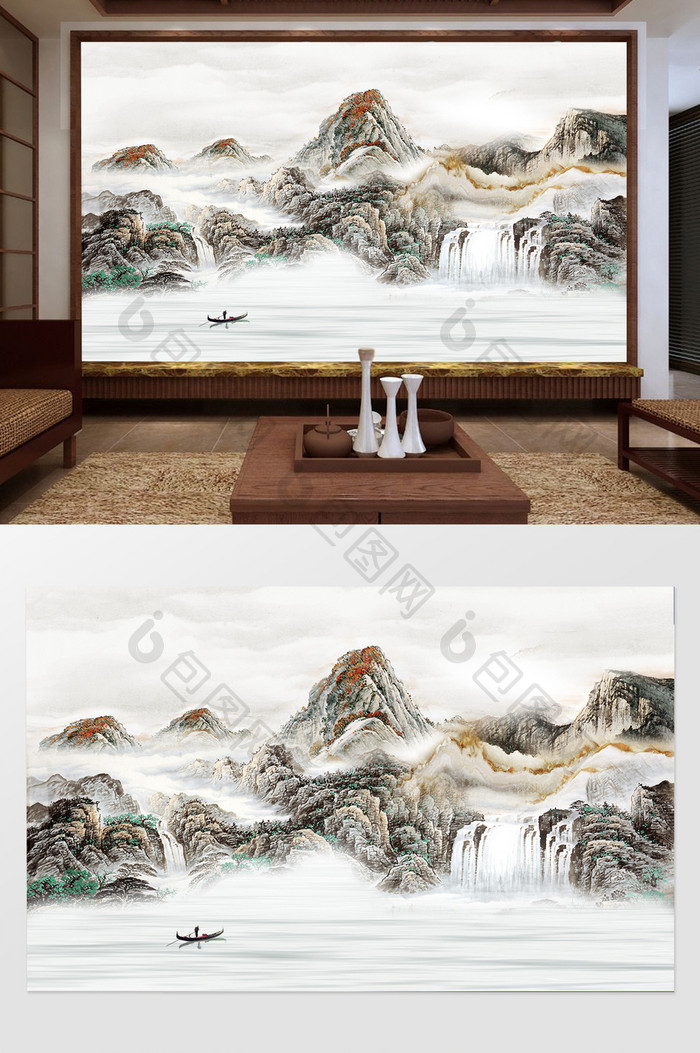 新中式山水瀑布电视背景墙高山流水