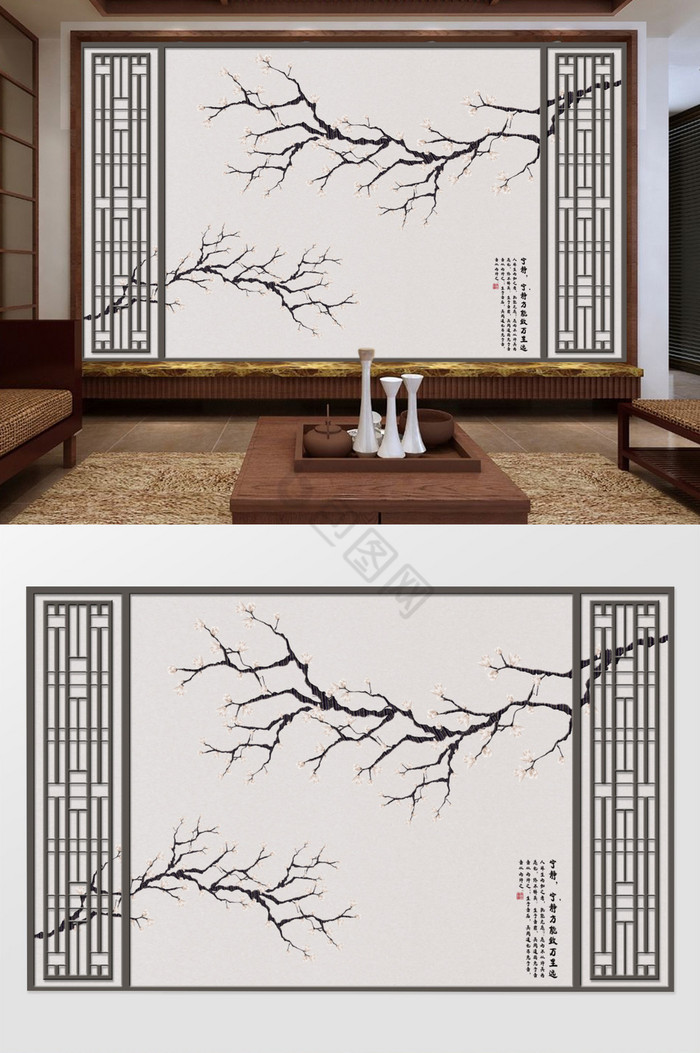 新中式手绘花鸟素雅工笔花鸟壁画电视背景墙图片