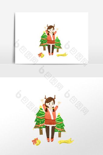 圣诞女孩和圣诞树插画图片