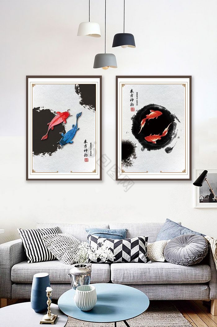 新中式风格水墨锦鲤组合装饰画图片