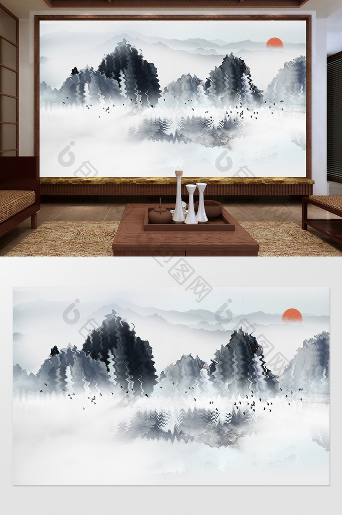新中式创意波纹山峦定制电视背景墙