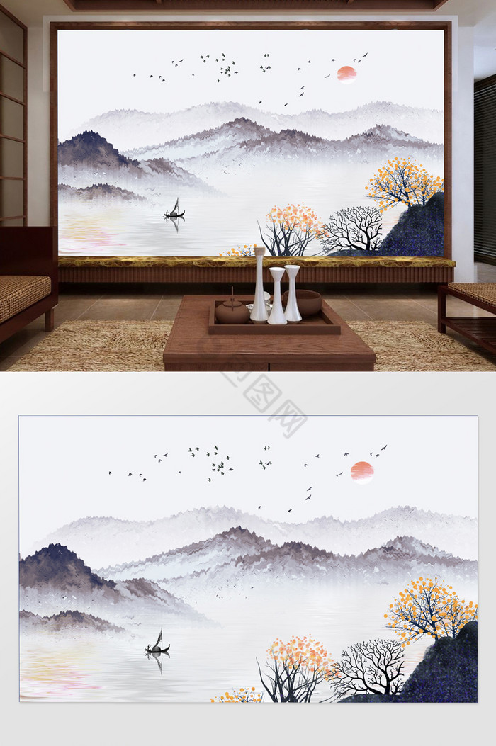 新中式抽象树枝水墨山水电视背景墙图片