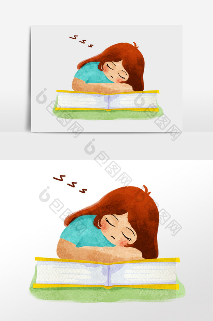 水彩手绘女孩学习累了休息睡觉插画人物