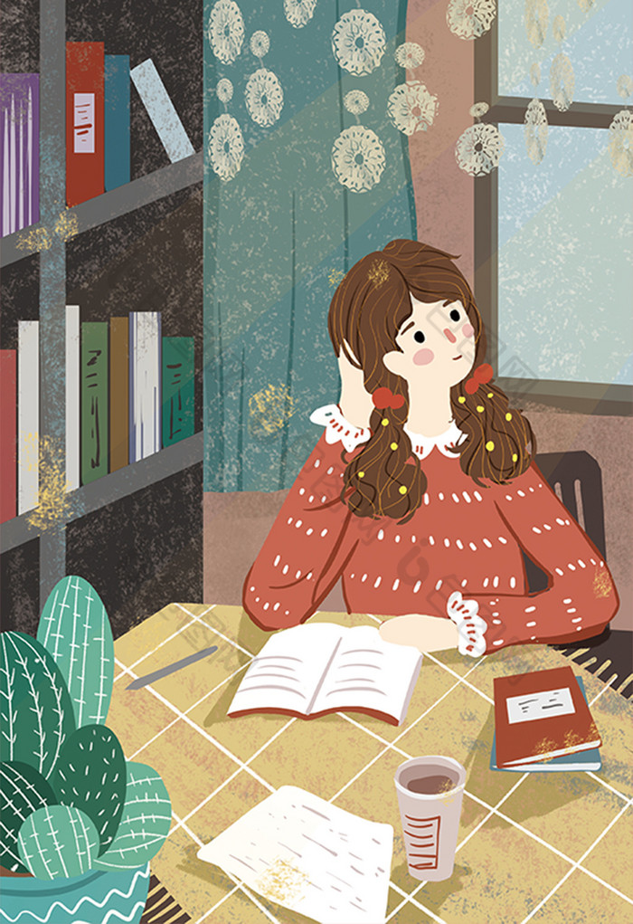 女孩慢生活看书插画图片