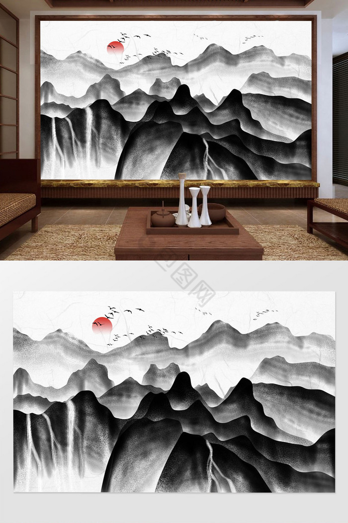 中式水墨高山流水意境山水电视背景墙图片