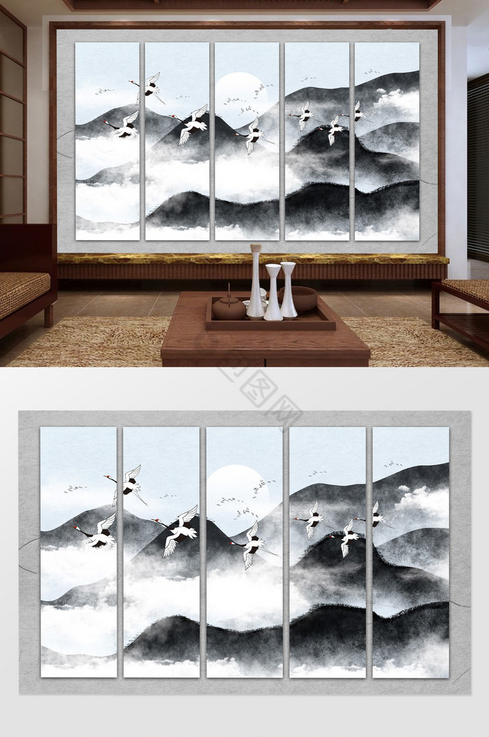 中式山水仙鹤意境风景电视背景墙图片