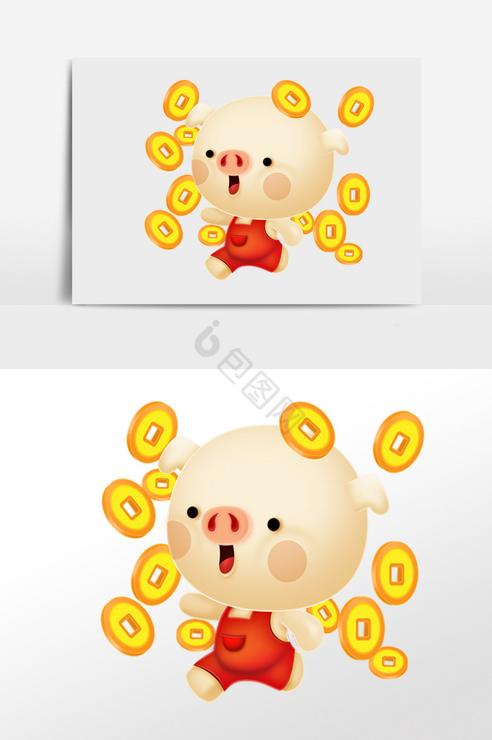 金币环绕着的小猪插画图片