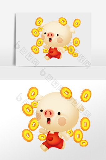 金币环绕着的卡通小猪插画图片