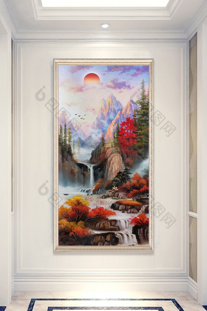 新中式手绘油画流水生财山水风景玄关装饰画