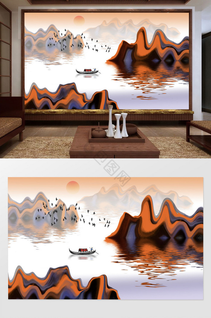 新中式写意抽象山水画背景墙壁画图片