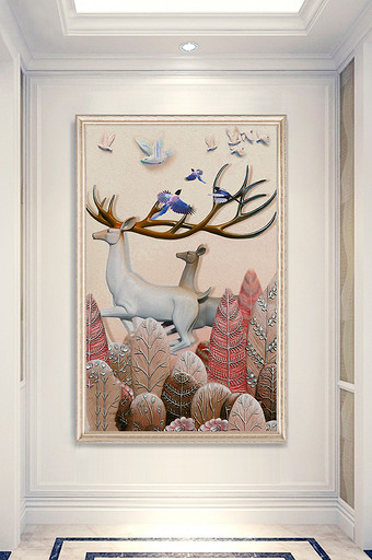 现代北欧浮雕梅花鹿小鸟玄关装饰图片