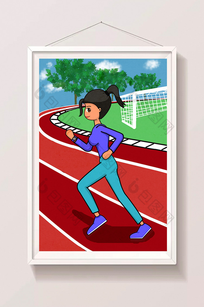 生活方式女生跑步足球门积极操场手绘插画