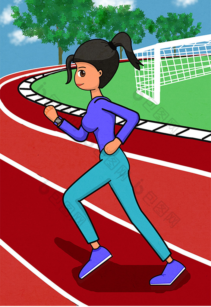 生活方式女生跑步足球门积极操场手绘插画