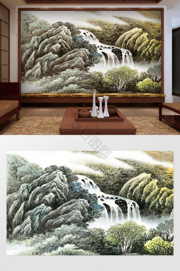 新中式山水国画风景流水生财图片