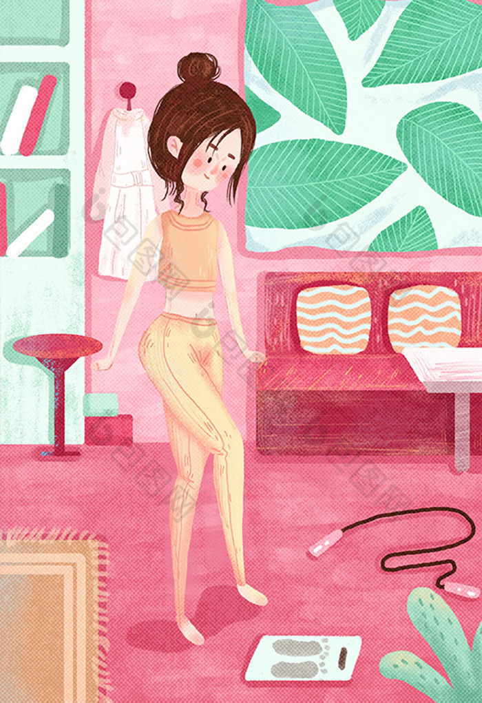 粉色小清新生活方式居家女孩减肥插画海报