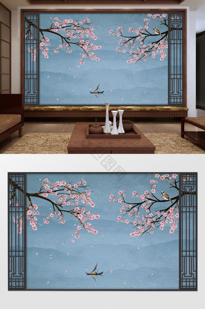 新中式意境蓝色水墨山粉色花枝背景墙图片