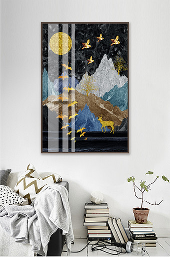 欧式山峦风景麋鹿飞鸟晶瓷画装饰画图片