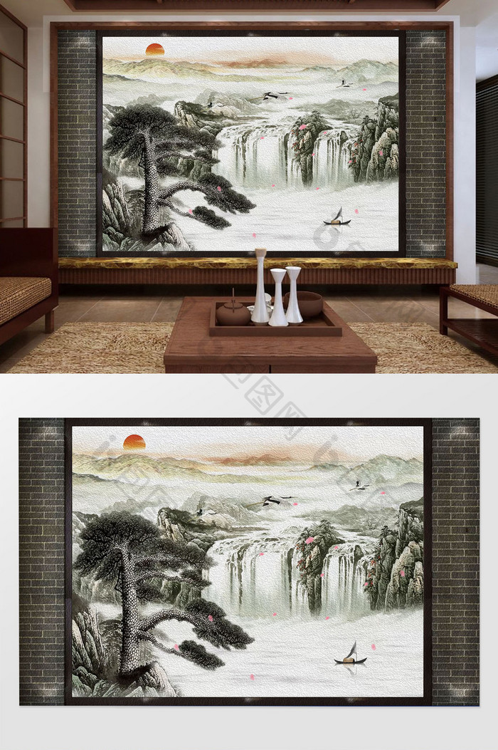 中式意境手绘山水风景背景墙