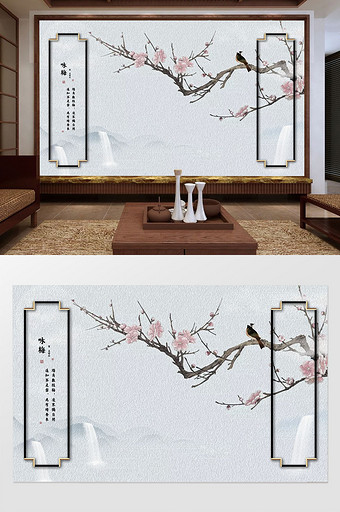 新中式意境粉色花枝梅花鸟水墨山油画背景墙图片