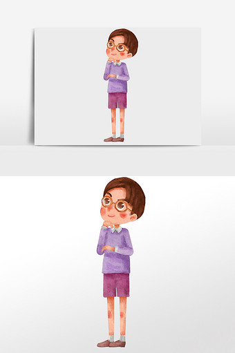 水彩手绘人物戴眼镜思考的男孩图片