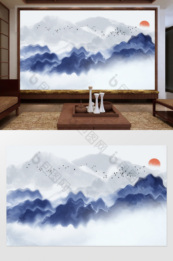 新中式蓝色创意波纹山峦飞鸟定制电视背景墙