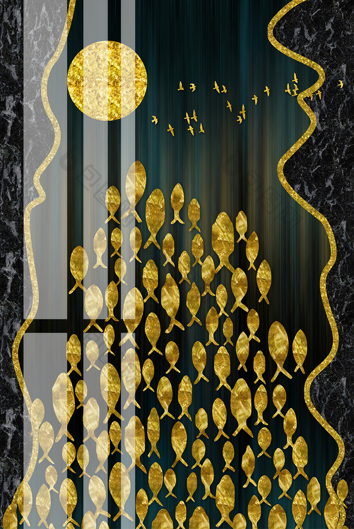 抽象意境金色游鱼风景晶瓷画装饰画