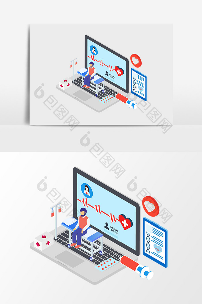 立体医疗急救心电图2.5D矢量元素