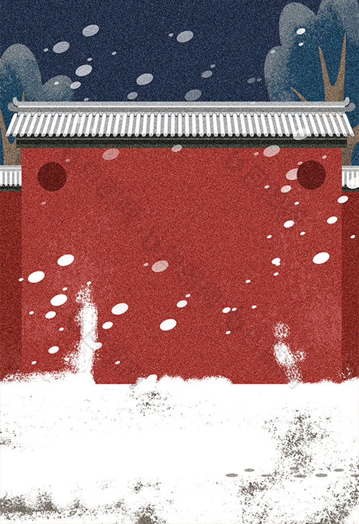 手绘雪中城墙插画元素