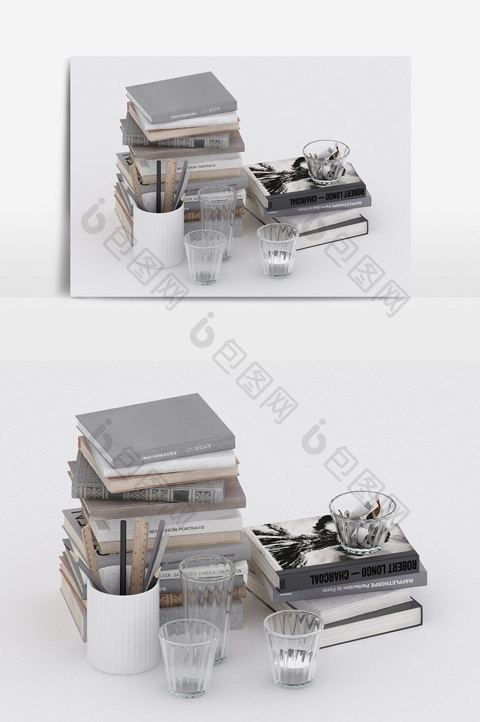 现代工业风书籍用品陈设饰品组合3d模型