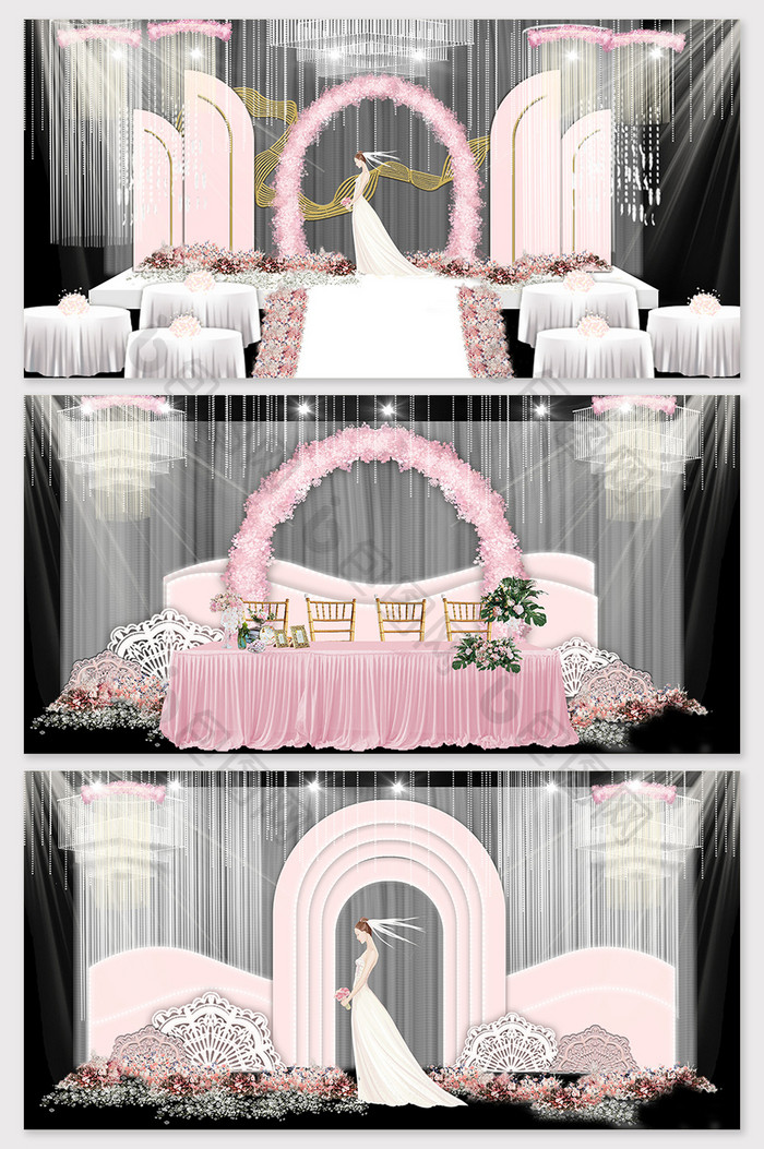 现代简约粉色欧式婚礼舞台背景效果图