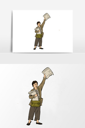 淡彩颜色民国时期卖报纸的小孩