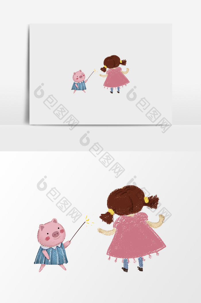 手绘女孩与小猪插画元素