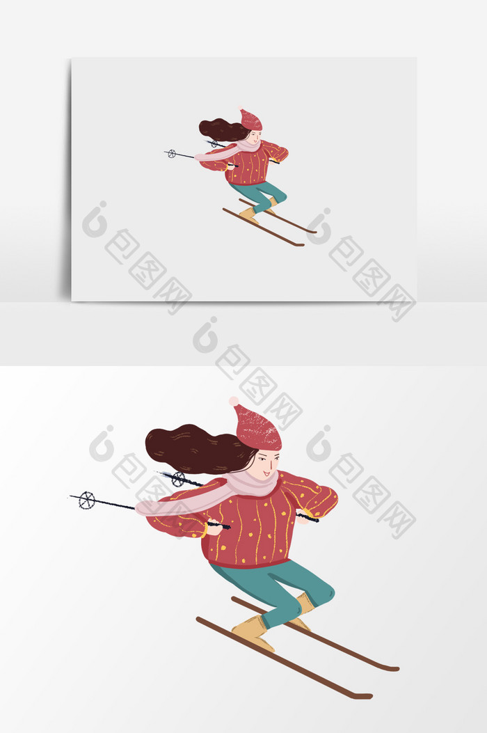 手绘滑雪女士插画元素