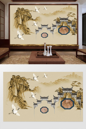 中式中国风山建筑白鹤背景墙
