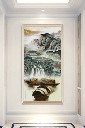 中式锦绣河山风景山水画小船玄关装饰画