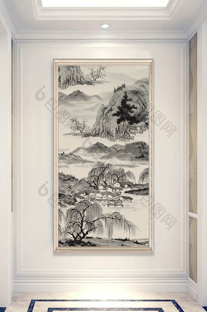 中式唯美手绘复古怀旧山水画玄关装饰画