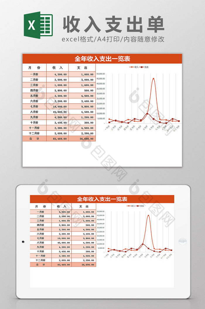 全年收入支出一览表自动生成Excel模板